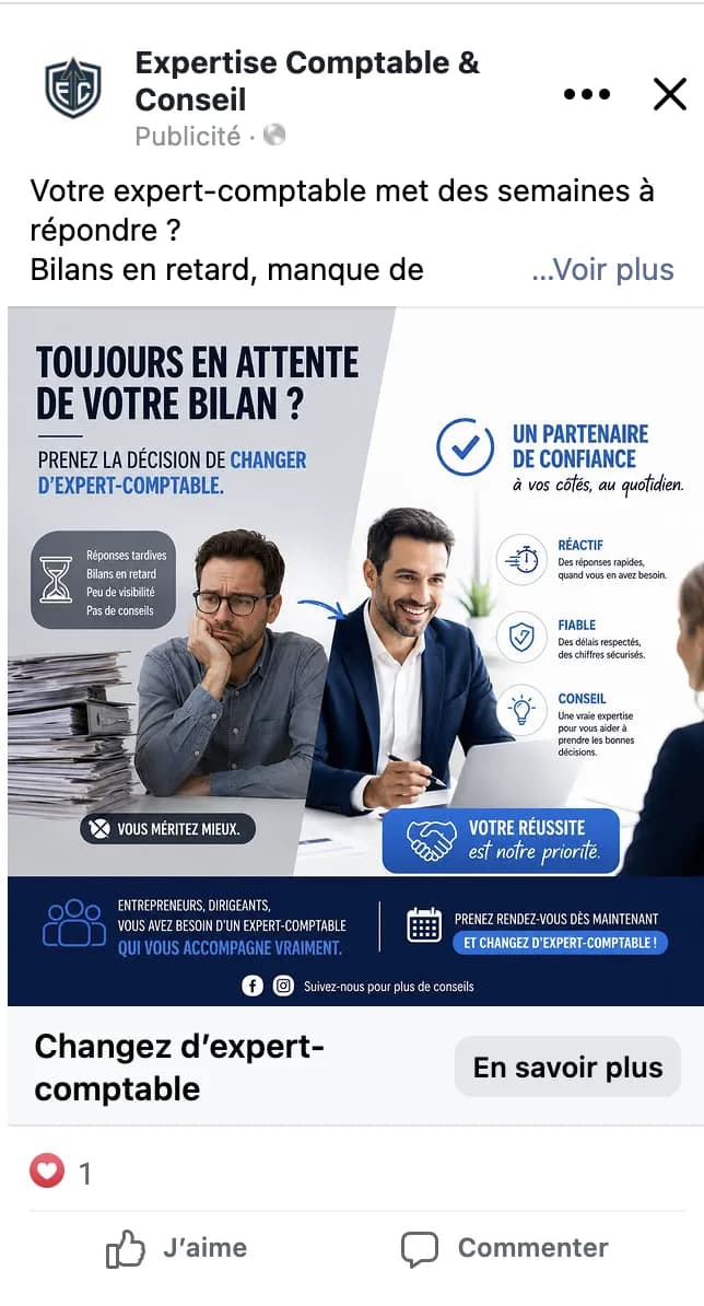 Publicité Facebook Expertise Comptable & Conseil créée par Hall Marketing