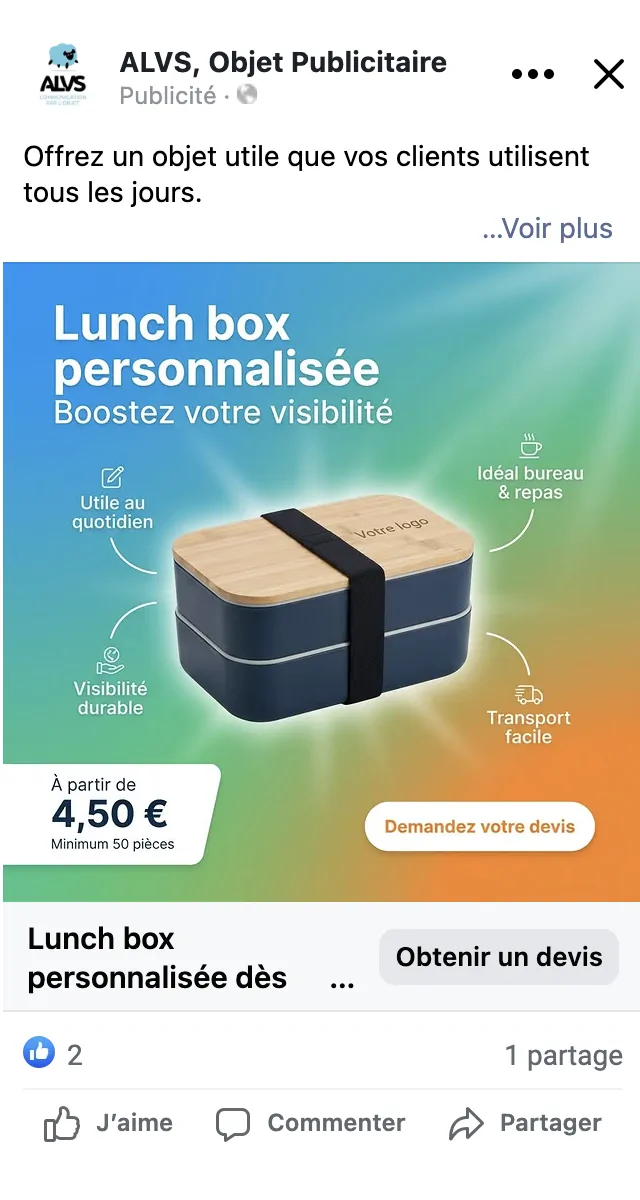 Publicité Facebook ALVS — lunch box personnalisée pour entreprises