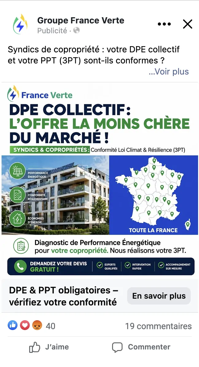 Publicité Facebook Groupe France Verte — DPE collectif pour syndics de copropriété