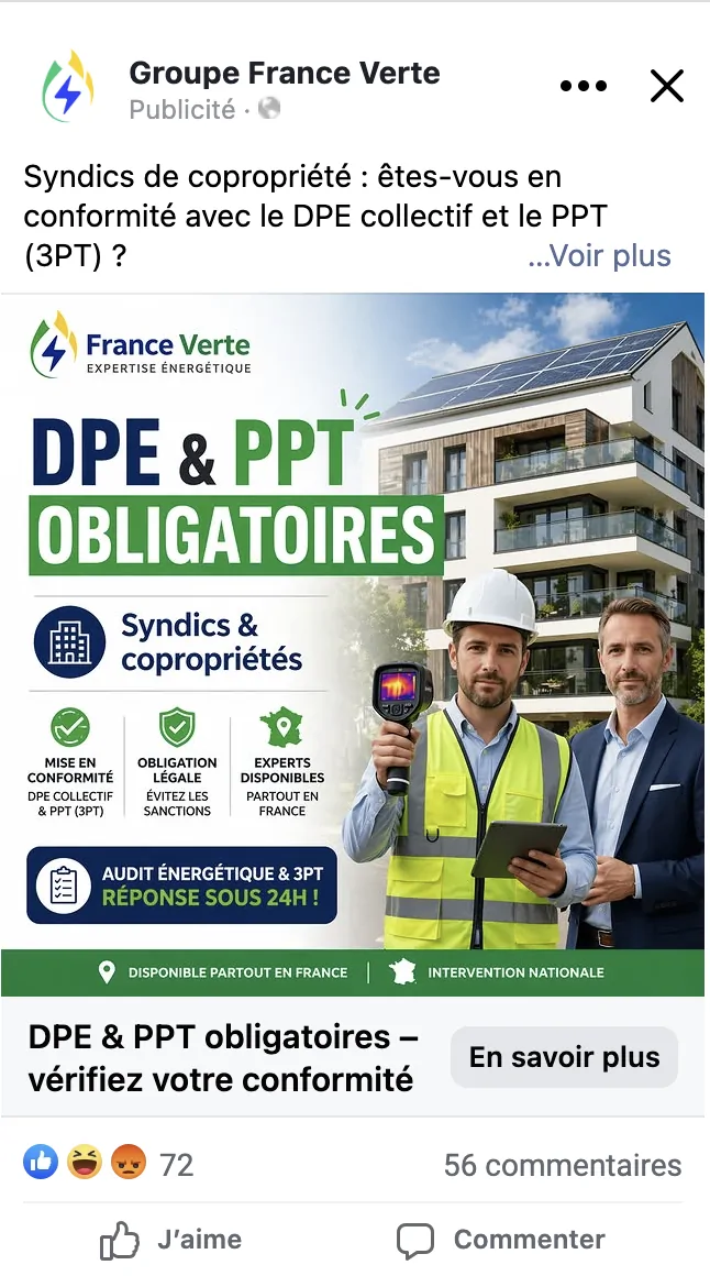 Publicité Facebook Groupe France Verte — DPE et PPT obligatoires pour les copropriétés