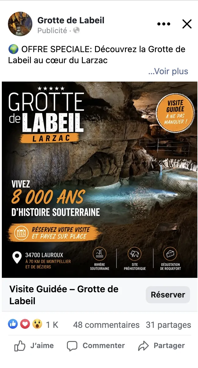 Publicité Facebook Grotte de Labeil — visite guidée au cœur du Larzac