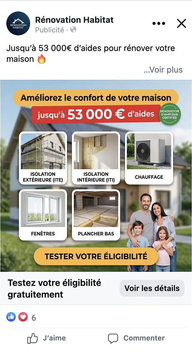 Publicité Facebook Rénovation Habitat — jusqu'à 53 000 € d'aides pour rénover votre maison